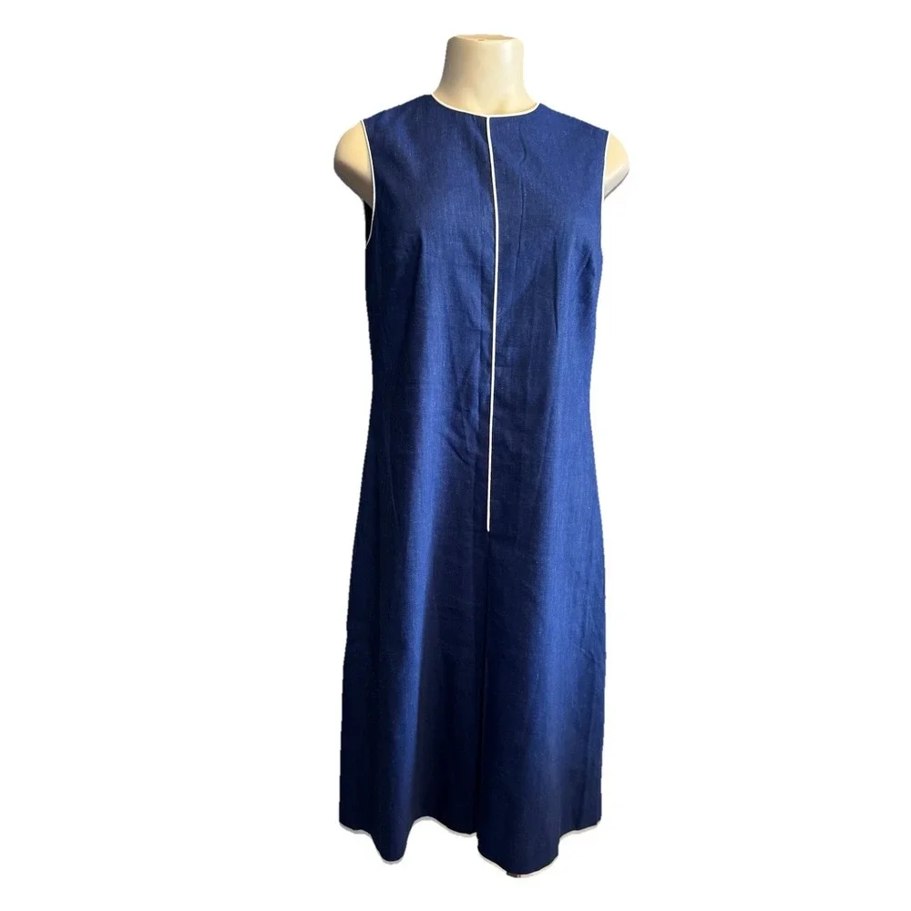 Linen Navy Blue Sleeveless Dress Modest Front Nautical Classic‎ Klein Sz 8